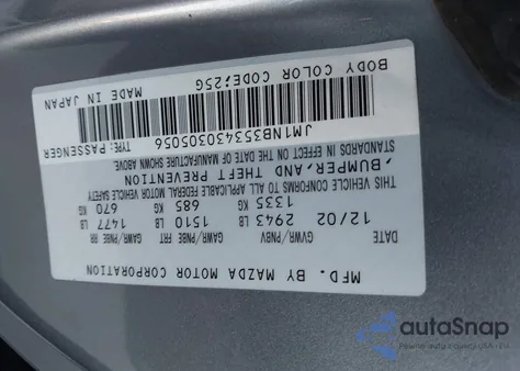 2003 Mazda Mx-5 Miata Cloth/Ls/Se/Shinsen z USA, uszkodzony, nr VIN JM1NB353430305056